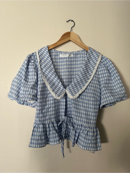 Altar'd State Tops - Altar'd State Blue and White Gingham Lace-Trim Puff Sleeve Top